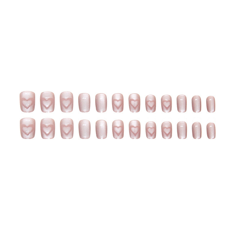 N-127 - Shiny Heart Pastel Pink  - Press On Nail Set Of 24 - Free 24 Pcs Sticker Sheet Included
