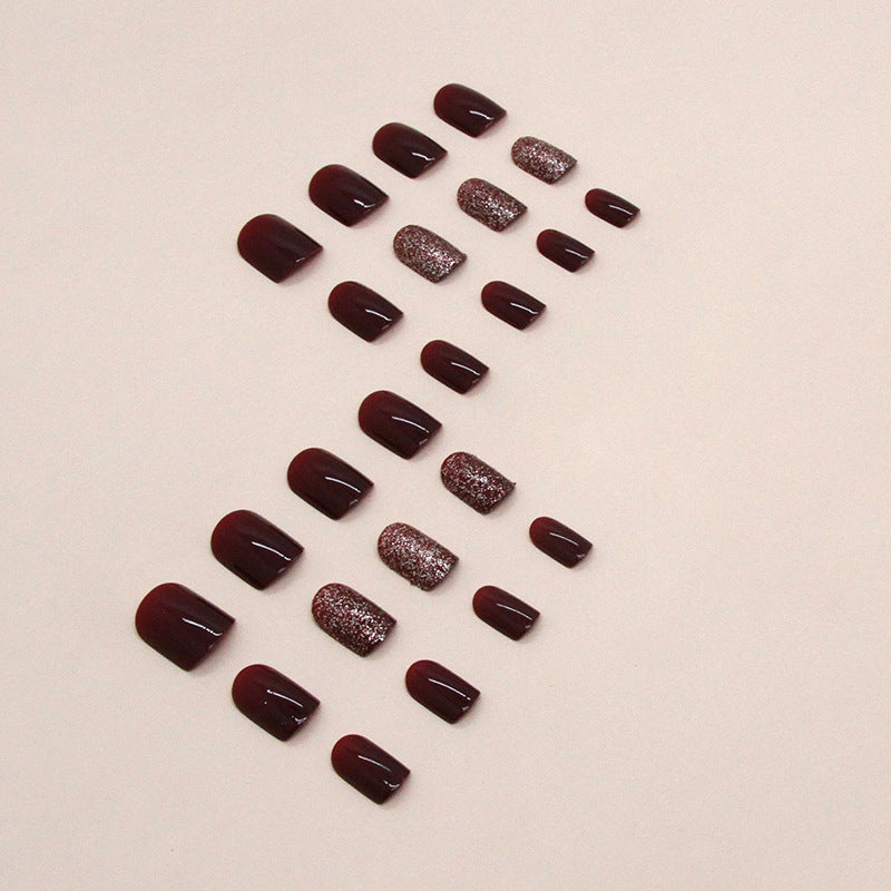 N-115 - Glittery Maroon  - Press On Nail Set Of 24 - Free 24 Pcs Sticker Sheet Included