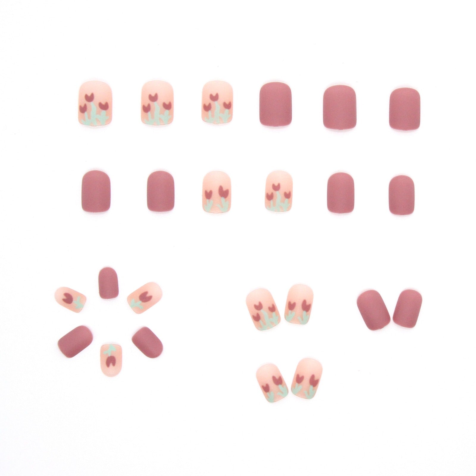 N-130 - Morandi Pink &Flowers - Press On Nail Set - Free 24 Pcs Sticker Sheet Included   Of 24