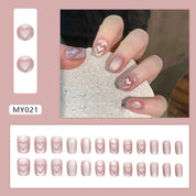 N-127 - Shiny Heart Pastel Pink  - Press On Nail Set Of 24 - Free 24 Pcs Sticker Sheet Included