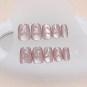N-127 - Shiny Heart Pastel Pink  - Press On Nail Set Of 24 - Free 24 Pcs Sticker Sheet Included