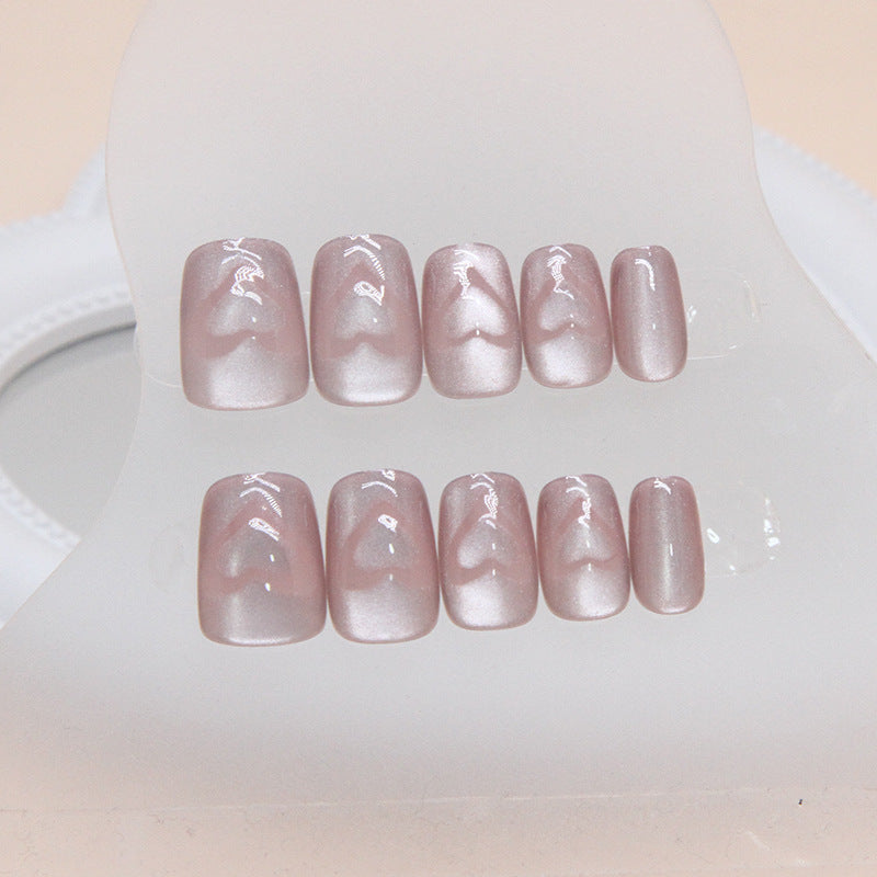 N-127 - Shiny Heart Pastel Pink  - Press On Nail Set Of 24 - Free 24 Pcs Sticker Sheet Included