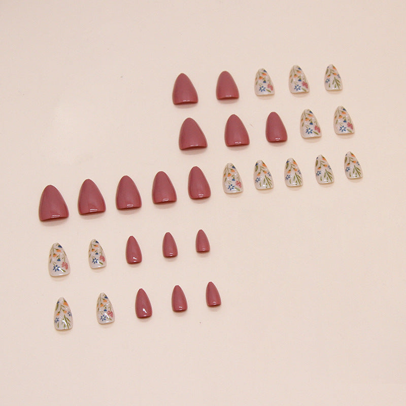 N-126 - Florals & Primrose Pink - Press On Nail Set Of 24 - Free 24 Pcs Sticker Sheet Included