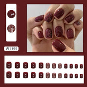 N-115 - Glittery Maroon  - Press On Nail Set Of 24 - Free 24 Pcs Sticker Sheet Included