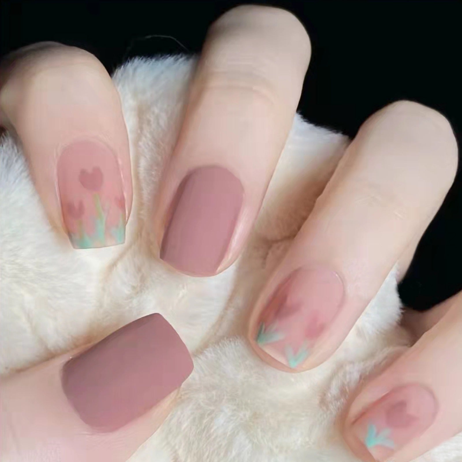 N-130 - Morandi Pink &Flowers - Press On Nail Set - Free 24 Pcs Sticker Sheet Included   Of 24
