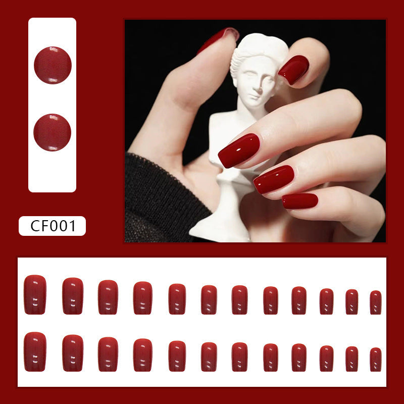 N-128 - Deep maroon   - Press On Nail Set Of 24 - Free 24 Pcs Sticker Sheet Included