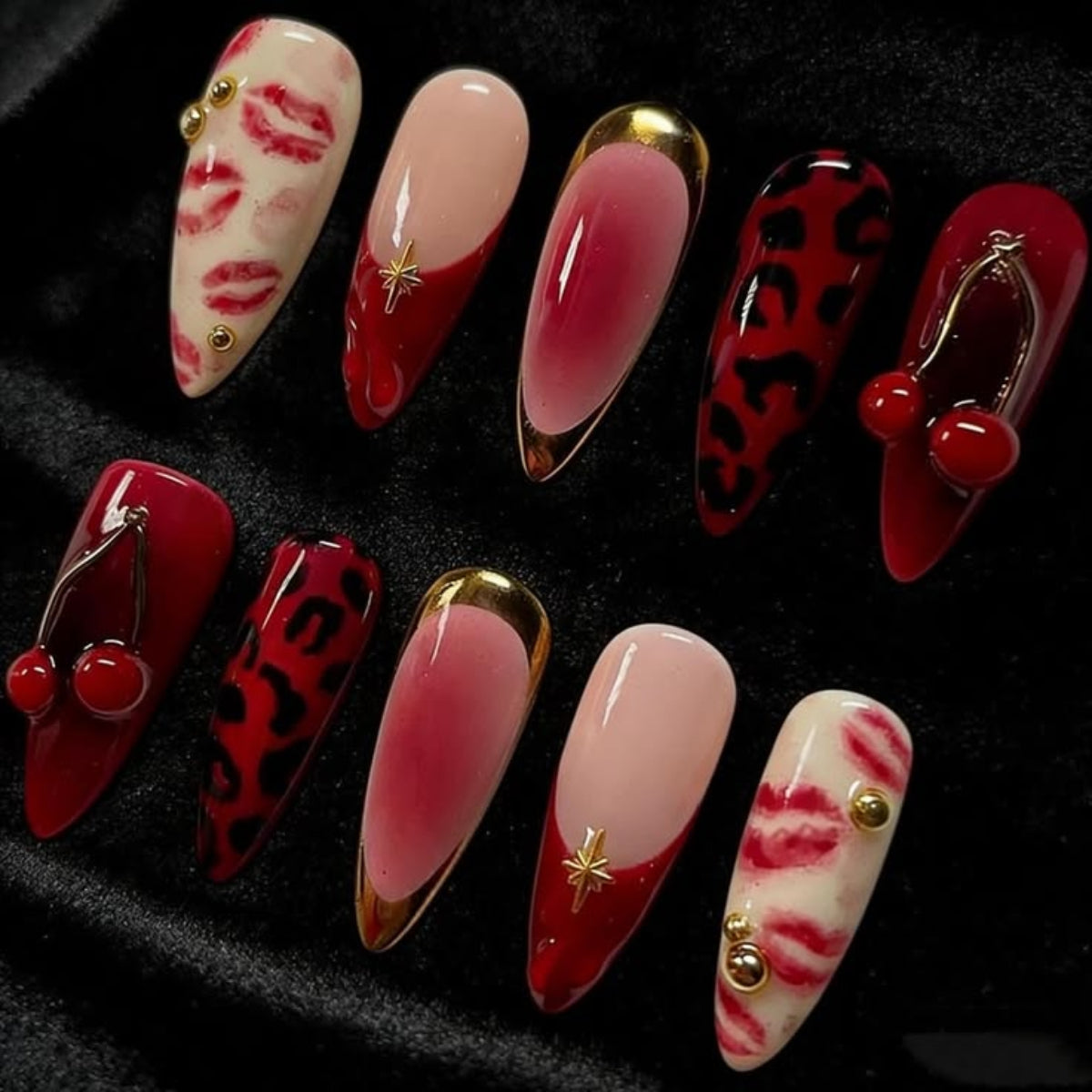 N-387 -  Rouge Obsession - Press On Nail Set Of 30 - Free 24 Pcs Sticker Sheet Included