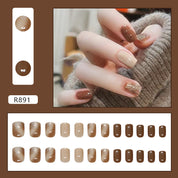 N-119 - Silver Sparkle &  Chocolate Color - Press On Nail Set Of 24 - Free 24 Pcs Sticker Sheet Included