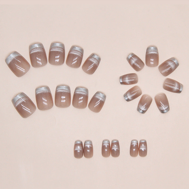 N-123 - Silver Sparkle & Rouge Pink - Press On Nail Set Of 24 - Free 24 Pcs Sticker Sheet Included