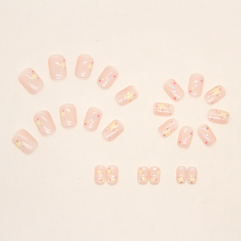 N-122 - Sparkle Stars Pink - Press On Nail Set Of 24 - Free 24 Pcs Sticker Sheet Included