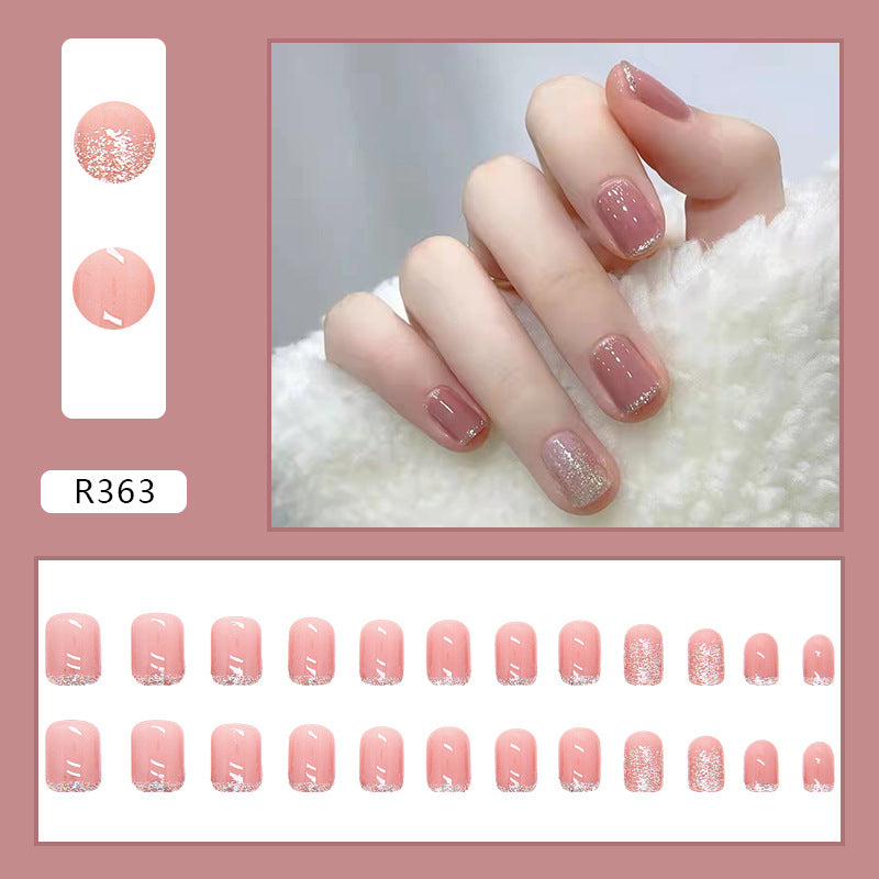 N-118 - Silver Sparkle &  Pink - Press On Nail Set Of 24 - Free 24 Pcs Sticker Sheet Included