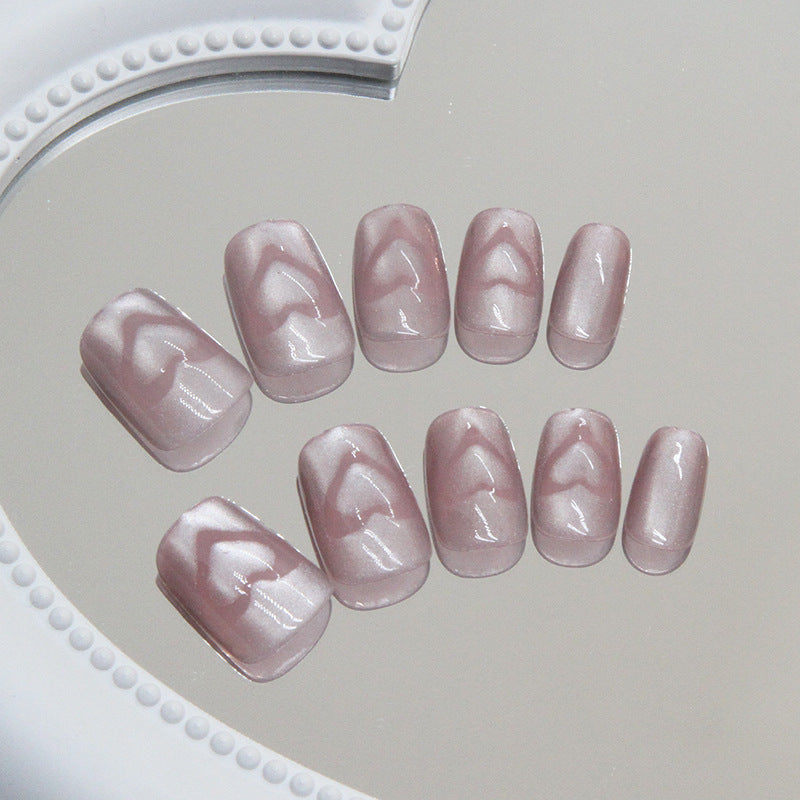 N-127 - Shiny Heart Pastel Pink  - Press On Nail Set Of 24 - Free 24 Pcs Sticker Sheet Included