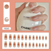 N-149 - Beige & Peach Fancy - Press On Nail Set Of 24 - Free 24 Pcs Sticker Sheet Included