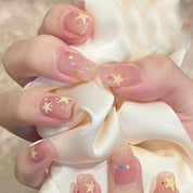 N-122 - Sparkle Stars Pink - Press On Nail Set Of 24 - Free 24 Pcs Sticker Sheet Included