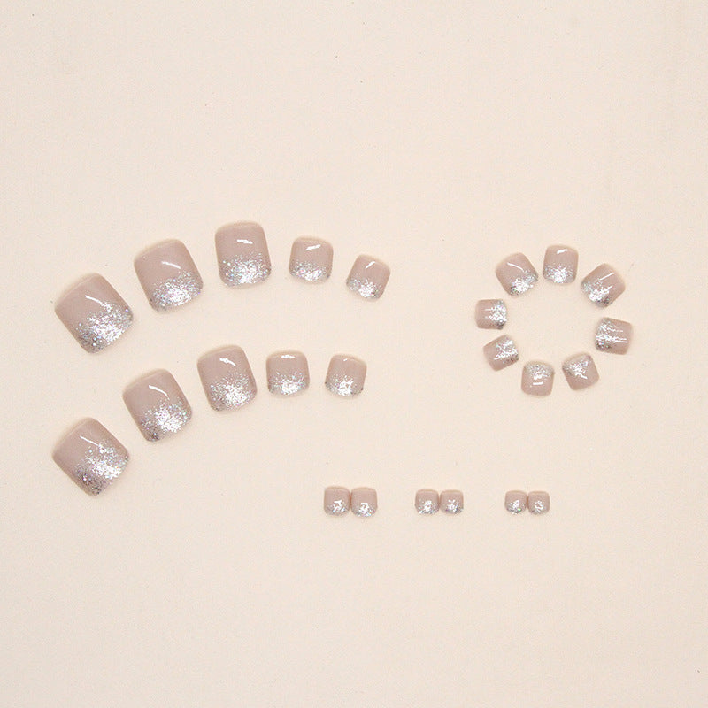 N-131 - Silver Sparkle & Pink - Toenail Set Of 24 - Free 24 Pcs Sticker Sheet Included