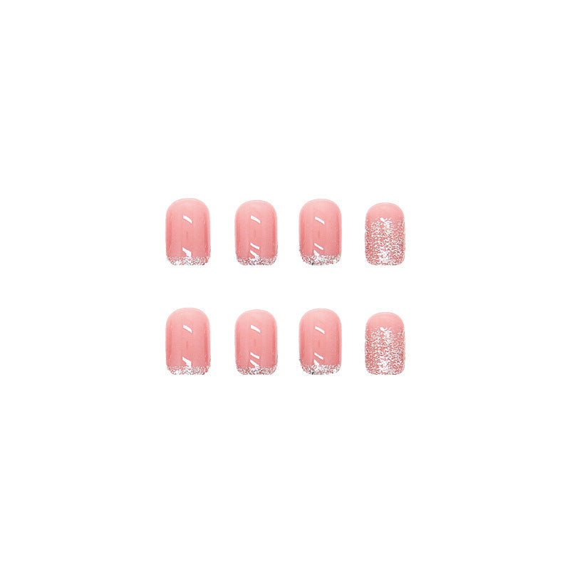 N-118 - Silver Sparkle &  Pink - Press On Nail Set Of 24 - Free 24 Pcs Sticker Sheet Included
