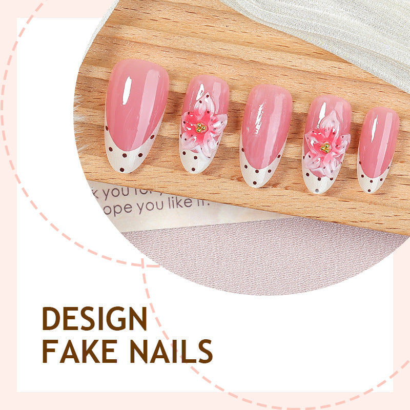 N-382 - Polka Pink Flower - Press On Nail Set Of 30 - Free 24 Pcs Sticker Sheet Included
