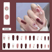 N-262- Pastel Flower & Red  Maroon - Press On Nail Set Of 24 - Free 24 Pcs Sticker Sheet Included