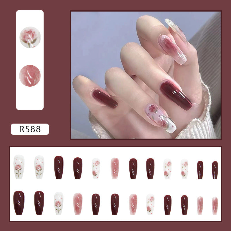 N-262- Pastel Flower & Red  Maroon - Press On Nail Set Of 24 - Free 24 Pcs Sticker Sheet Included