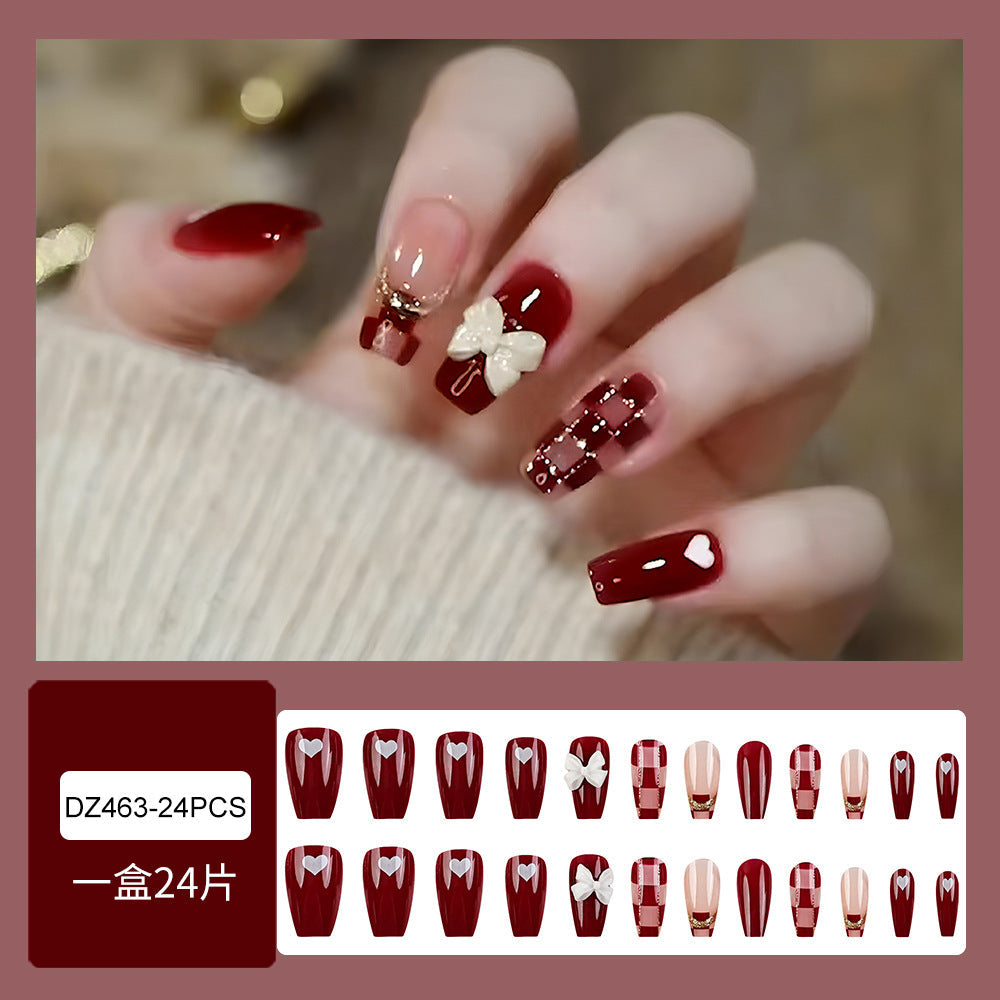 N-327 - Fancy Bow Red Shiny   - Press On Nail Set Of 24 - Free 24 Pcs Sticker Sheet Included