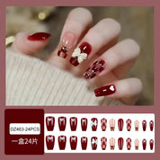 N-327 - Fancy Bow Red Shiny   - Press On Nail Set Of 24 - Free 24 Pcs Sticker Sheet Included