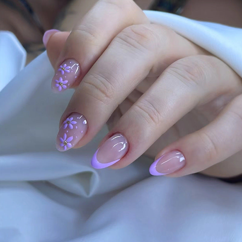 N-102 - Flowers & Purple Pastel - Press On Nail Set Of 24 - Free 24 Pcs Sticker Sheet Included