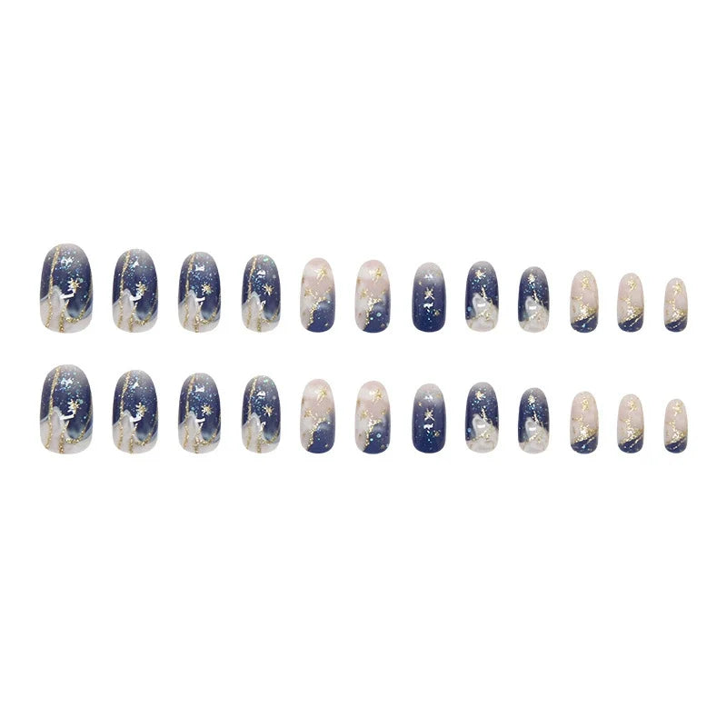 N-307 - Gold Foil Dream  & Stars  - Print Press On Nail Set Of 24 - Free 24 Pcs Sticker Sheet Included