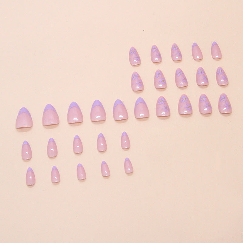 N-102 - Flowers & Purple Pastel - Press On Nail Set Of 24 - Free 24 Pcs Sticker Sheet Included