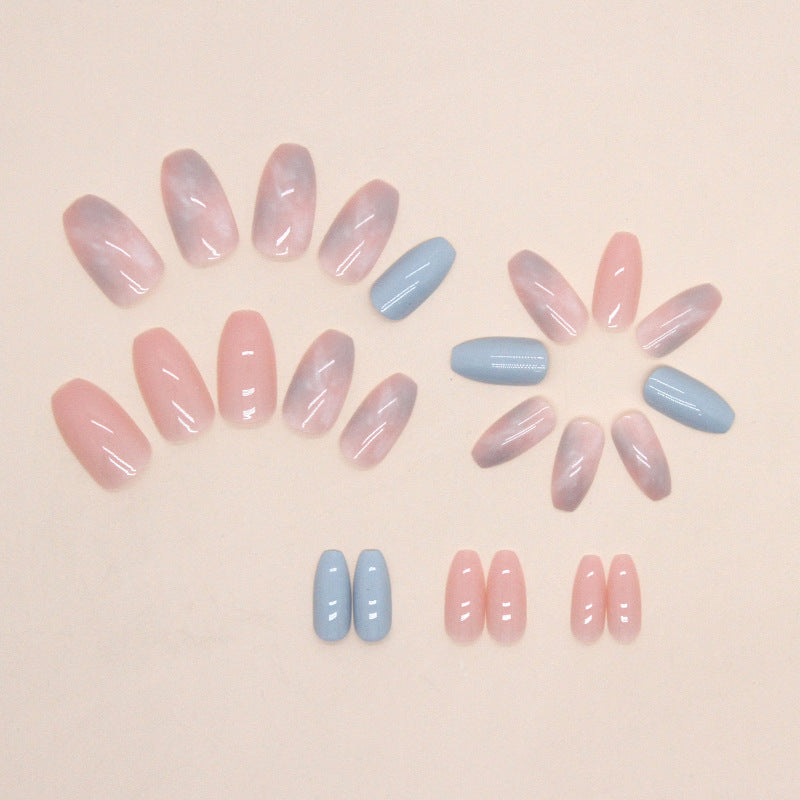 N-104- Pastel Pink & Blue - Press On Nail Set Of 24 - Free 24 Pcs Sticker Sheet Included