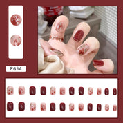 N-193 -  Shiny Maroon Flowers   - Press On Nail Set Of 24 - Free 24 Pcs Sticker Sheet Included