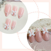 N-203 - Pearl & Bow Shiny   - Press On Nail Set Of 24 - Free Nail Kit Included