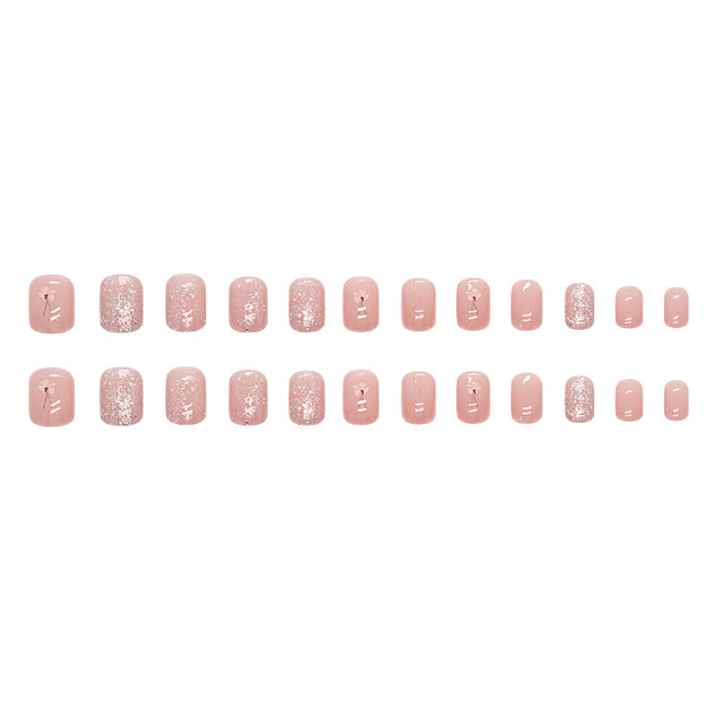 N-110 - Glitter Pink & Flower  - Press On Nail Set Of 24  - Free 24 Pcs Sticker Sheet Included