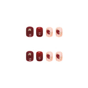 N-156 - Red Maroon Heart & Grid   - Press On Nail Set Of 24 - Free 24 Pcs Sticker Sheet Included