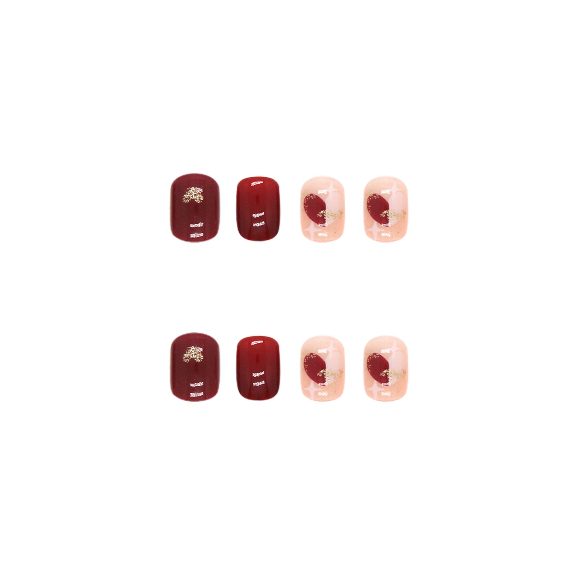 N-156 - Red Maroon Heart & Grid   - Press On Nail Set Of 24 - Free 24 Pcs Sticker Sheet Included