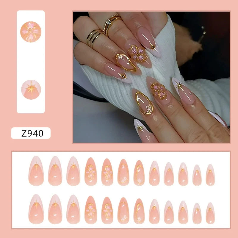 N-368 - Gold Foil Flower Peach - Press On Nail Set Of 24 - Free 24 Pcs Sticker Sheet Included