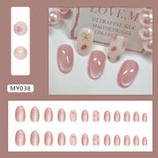 N-175 - Bow & Strawberry Pink Shiny - Press On Nail Set Of 24 - Free 24 Pcs Sticker Sheet Included