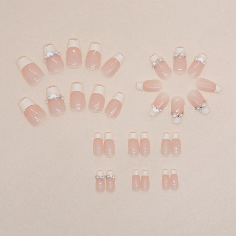 N-166 - White Pearl & Heart - Press On Nail Set Of 24 - Free 24 Pcs Sticker Sheet Included