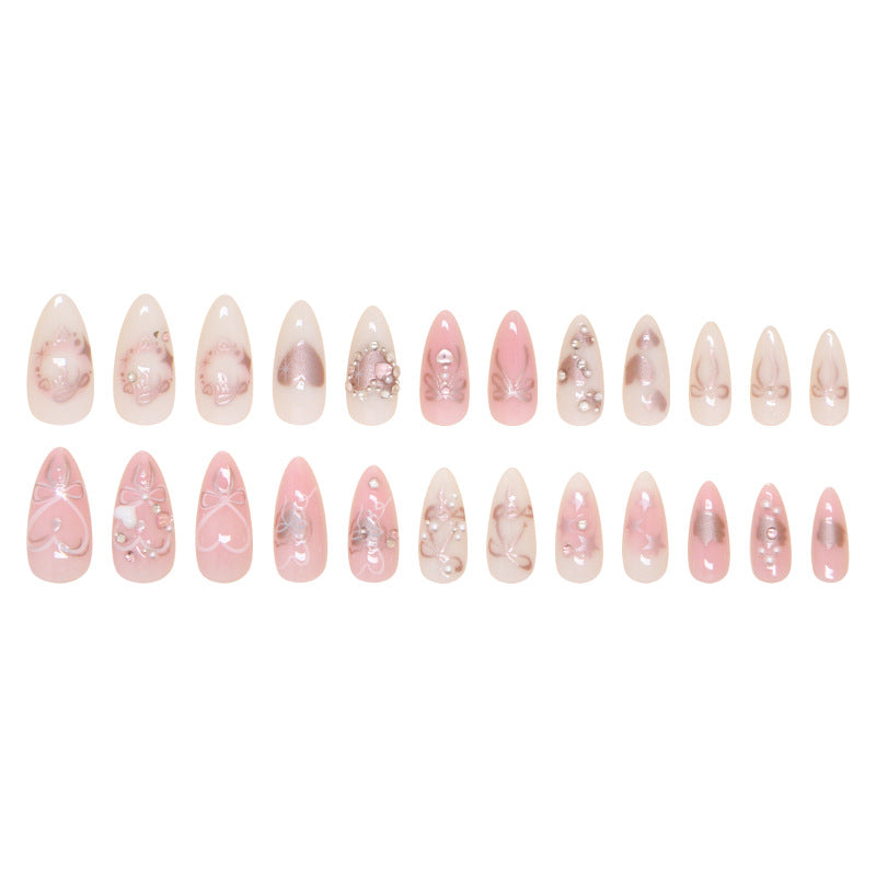 N-276 - Sweet Bow - Press On Nail Set Of 24 - Free 24 Pcs Sticker Sheet Included