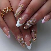 N-384 -  Pink Flower Gold Foil - Press On Nail Set Of 24 - Free 24 Pcs Sticker Sheet Included