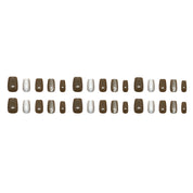 N-253 - Coffee & Crystal White  - Press On Nail Set Of 24 - Free 24 Pcs Sticker Sheet Included