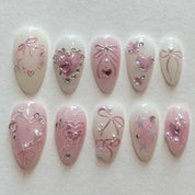 N-276 - Sweet Bow - Press On Nail Set Of 24 - Free 24 Pcs Sticker Sheet Included