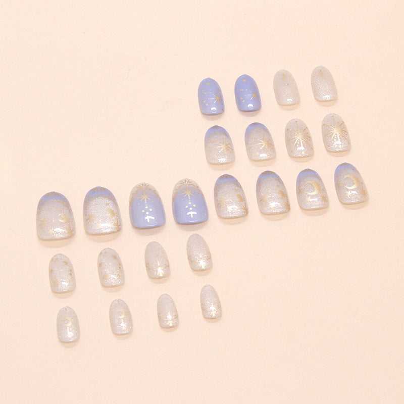 N-224 - Gold Moon  & Star - Press On Nail Set Of 24 - Free 24 Pcs Sticker Sheet Included