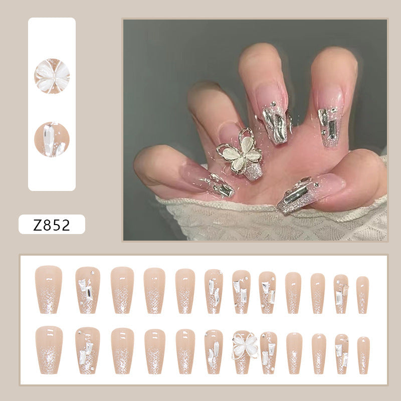N-191 -  Crystal Buttefly & Diamonds Fancy - Press On Nail Set Of 24 - Free 24 Pcs Sticker Sheet Included