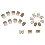 N-187 - Natural Flowers Green  - Press On Nail Set Of 24 - Free 24 Pcs Sticker Sheet Included