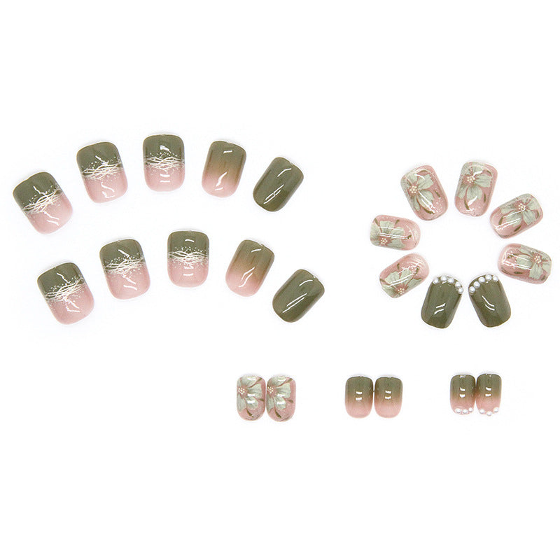 N-187 - Natural Flowers Green  - Press On Nail Set Of 24 - Free 24 Pcs Sticker Sheet Included
