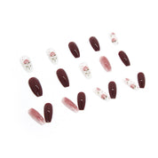 N-262- Pastel Flower & Red  Maroon - Press On Nail Set Of 24 - Free 24 Pcs Sticker Sheet Included