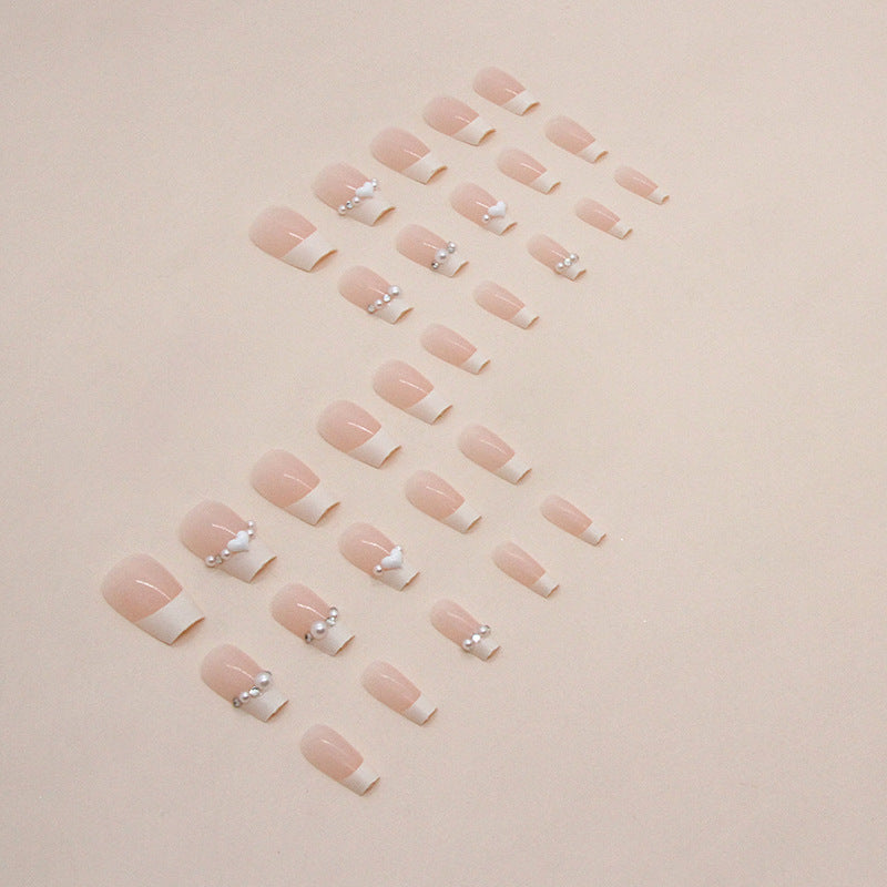 N-166 - White Pearl & Heart - Press On Nail Set Of 24 - Free 24 Pcs Sticker Sheet Included
