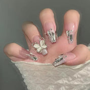 N-191 -  Crystal Buttefly & Diamonds Fancy - Press On Nail Set Of 24 - Free 24 Pcs Sticker Sheet Included