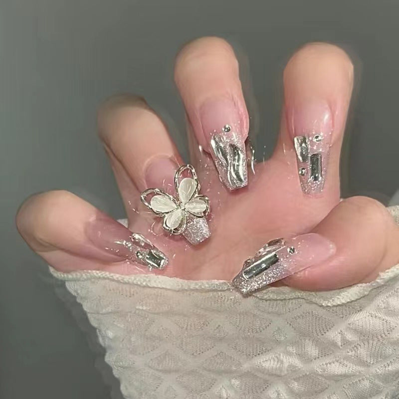 N-191 -  Crystal Buttefly & Diamonds Fancy - Press On Nail Set Of 24 - Free 24 Pcs Sticker Sheet Included