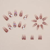 N-302 - Crystal & Milk White Camellia - Press On Nail Set Of 24 - Free 24 Pcs Sticker Sheet Included